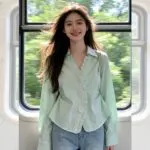 Mint Green Ruffle V-Neck French Girl Blouse
