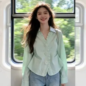 Mint Green Ruffle V-Neck French Girl Blouse