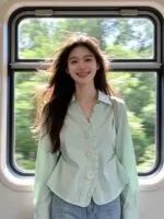 Mint Green Ruffle V-Neck French Girl Blouse - Image 9