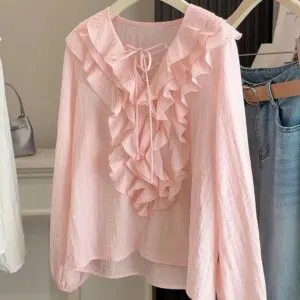 Women's Ruffle V-Neck Tie Front Blouse