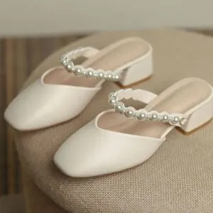 Women's Soft Leather Pearl Mule Heels – Closed Toe Chunky Mid Heel Slip-On Sandals