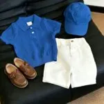 Boys' Korean Style Polo Knit Shirt & White Shorts Set