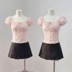 Square Neck Off-Shoulder Puff Sleeve Lace Blouse