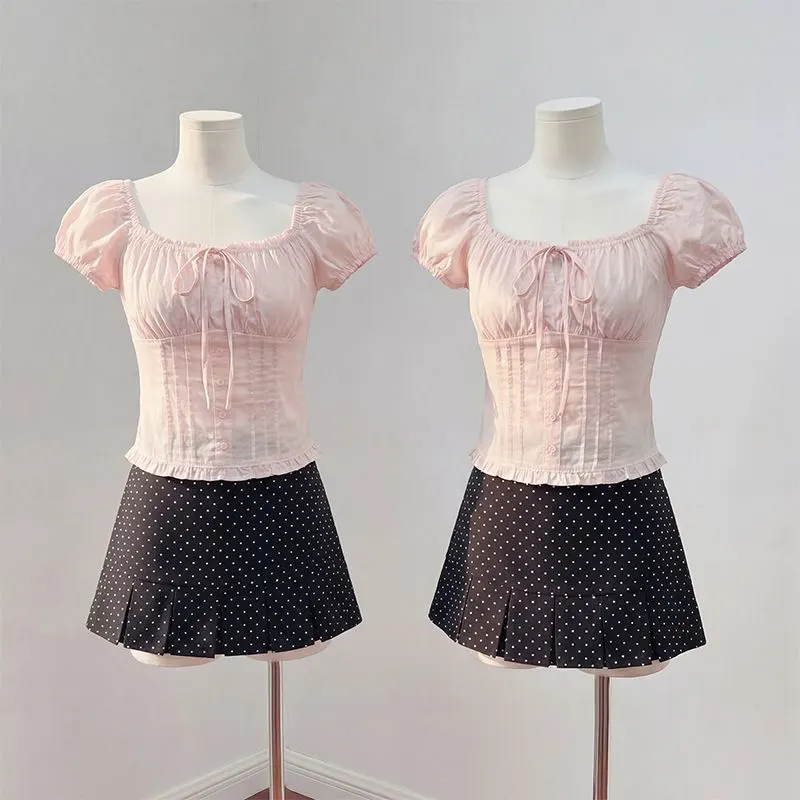 Main Images1 Square Neck Off-Shoulder Puff Sleeve Lace Blouse - Image 1