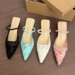 Women's Floral Lace Mesh Pointed Toe Mule Heels - Image 5