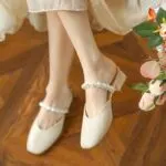 Women's Soft Leather Pearl Mule Heels – Closed Toe Chunky Mid Heel Slip-On Sandals - Image 3