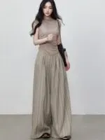 Women's Vintage Striped Wide Leg Pants | High-Waist Pleated Straight Leg Trousers - Image 2