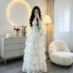 Korean Mint Green Blouse & Lace Tiered Midi Skirt Co-Ord Set for Women