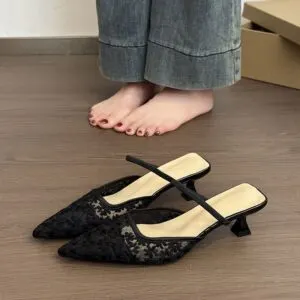 Women's Floral Lace Mesh Pointed Toe Mule Heels