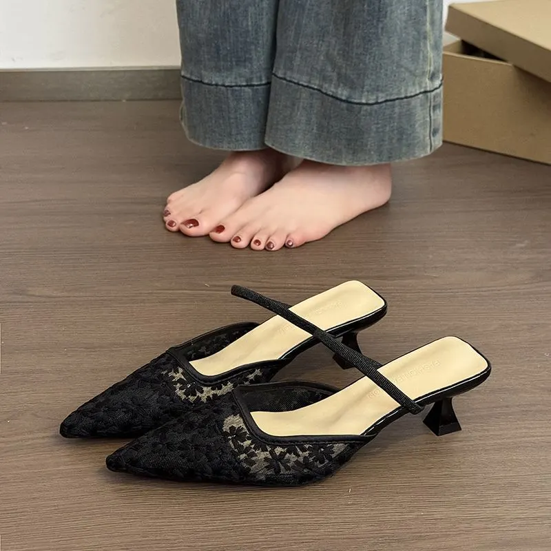 Main Images3 Women's Floral Lace Mesh Pointed Toe Mule Heels - Image 1