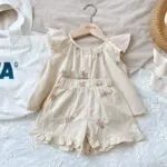 Girls Embroidered Ruffle Sleeve Top & Shorts Set – Summer Cotton 2-Piece Outfit for Toddlers & Kids