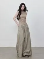 Women's Vintage Striped Wide Leg Pants | High-Waist Pleated Straight Leg Trousers - Image 4