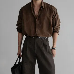 Retro Textured Vertical Stripe Long Sleeve Shirt