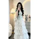 Korean Mint Green Blouse & Lace Tiered Midi Skirt Co-Ord Set for Women - Image 4