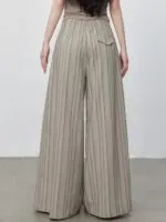 Women's Vintage Striped Wide Leg Pants | High-Waist Pleated Straight Leg Trousers - Image 3