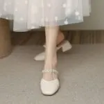 Women's Soft Leather Pearl Mule Heels – Closed Toe Chunky Mid Heel Slip-On Sandals - Image 4