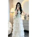 Korean Mint Green Blouse & Lace Tiered Midi Skirt Co-Ord Set for Women - Image 2