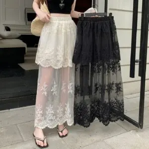 Lace Embroidered Mesh Pleated Maxi Skirt