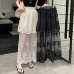 Lace Embroidered Mesh Pleated Maxi Skirt