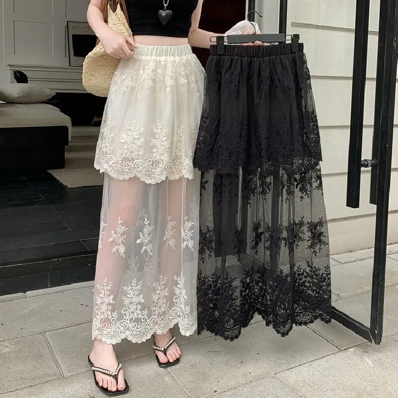 Main Images7 Lace Embroidered Mesh Pleated Maxi Skirt - Image 1