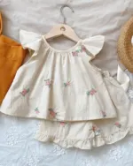 Girls Embroidered Ruffle Sleeve Top & Shorts Set – Summer Cotton 2-Piece Outfit for Toddlers & Kids - Image 3