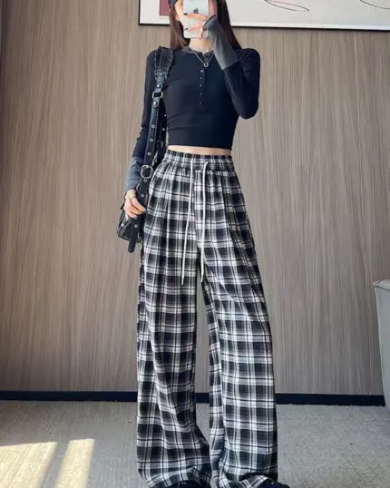 Vintage Plaid Wide Leg Pants
