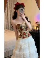 Sweet Floral Mesh Tube Top & Layered Cake Maxi Skirt Set - Image 3