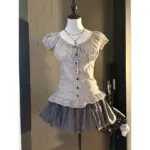 Plaid Lace Trim Short Sleeve Blouse - Image 3