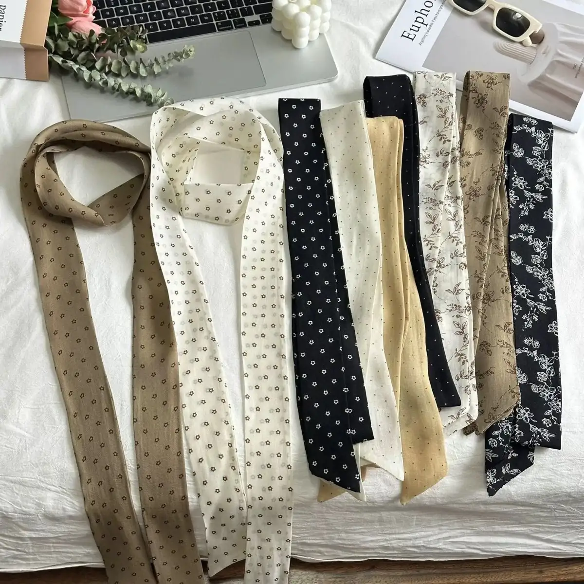 57266ea6-4768-4209-a580-c77f828a21b3 French Vintage Floral Polka Dot Skinny Scarf - Image 1