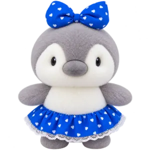 Cute Gray Penguin Plush Toy with Blue Heart Bow & Skirt