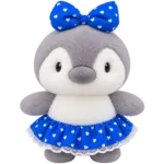 Cute Gray Penguin Plush Toy with Blue Heart Bow & Skirt