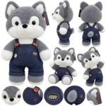 Cute Grey Husky Plush Toy with Denim Overalls - Image 2