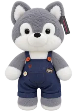 Cute Grey Husky Plush Toy with Denim Overalls