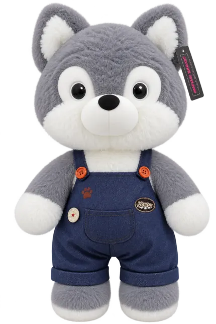 Cute Grey Husky Plush Toy with Denim Overalls