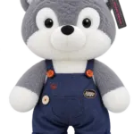 Cute Grey Husky Plush Toy with Denim Overalls