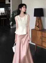 Beaded Beige Sleeveless Vest & Pink Flared Skirt