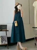 Vintage French Sleeveless Denim A-Line Maxi Dress - Image 2