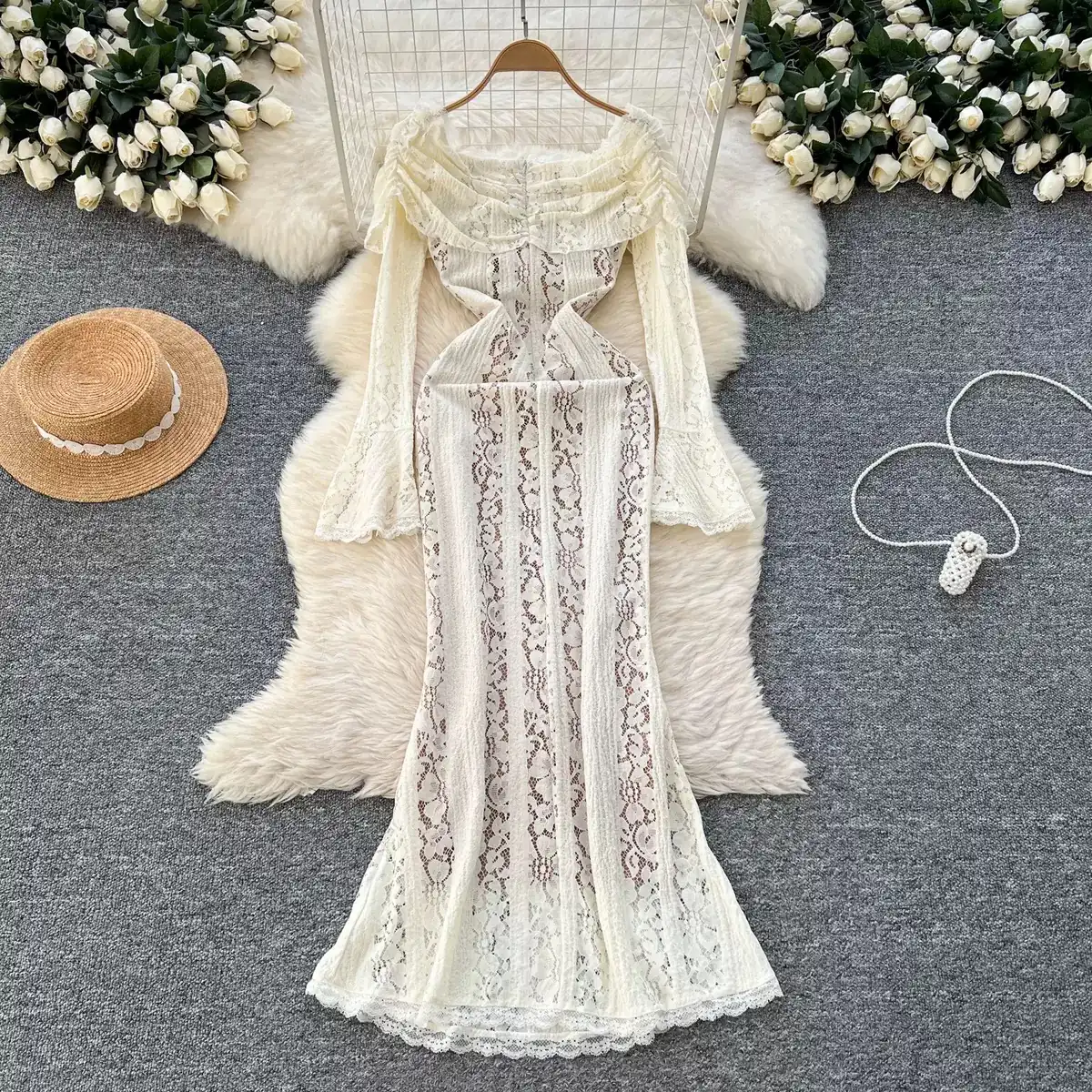 IMG_1782.JPG French Lace Off-Shoulder Ruffle Mermaid Maxi Dress – Slim Fit Waist-Defined Evening Gown - Image 1