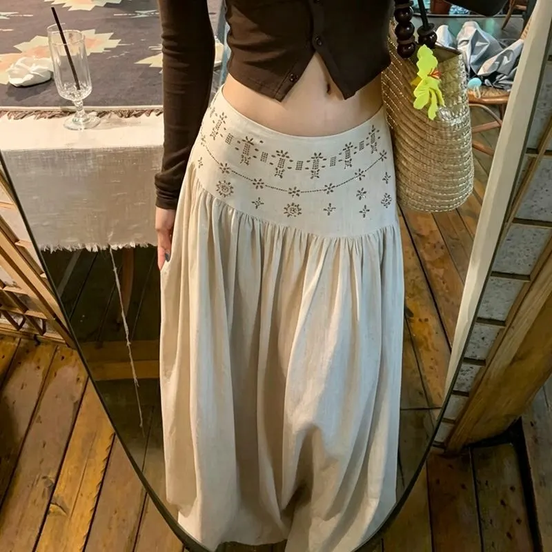 Main Images1 Beaded Rhinestone Beige A-Line Maxi Skirt - Image 1