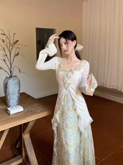 Elegant Chinese-Inspired Floral Blouse & Maxi Skirt Set