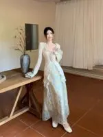 Elegant Chinese-Inspired Floral Blouse & Maxi Skirt Set - Image 7