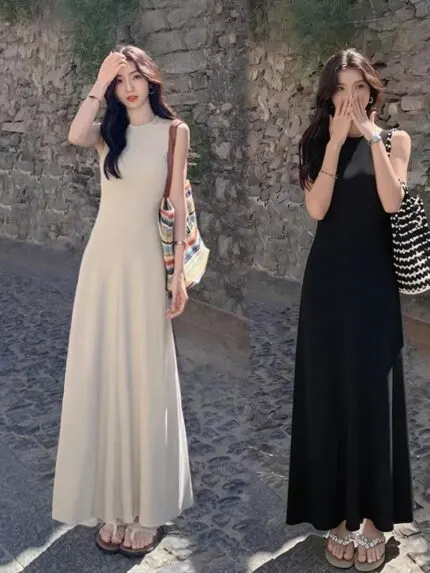 Ribbed Round Neck Waist-Defining Maxi Dress