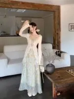 Elegant Chinese-Inspired Floral Blouse & Maxi Skirt Set - Image 8