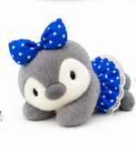 Cute Gray Penguin Plush Toy with Blue Heart Bow & Skirt - Image 4