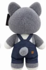 Cute Grey Husky Plush Toy with Denim Overalls - Image 4