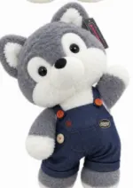 Cute Grey Husky Plush Toy with Denim Overalls - Image 6