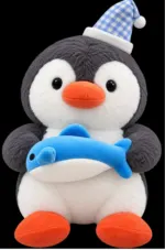 Cute Plush Penguin Soft Toy with Blue Fish & Gingham Party Hat - Image 7