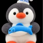 Cute Plush Penguin Soft Toy with Blue Fish & Gingham Party Hat