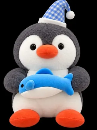 Cute Plush Penguin Soft Toy with Blue Fish & Gingham Party Hat
