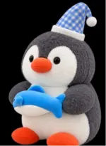 Cute Plush Penguin Soft Toy with Blue Fish & Gingham Party Hat - Image 3